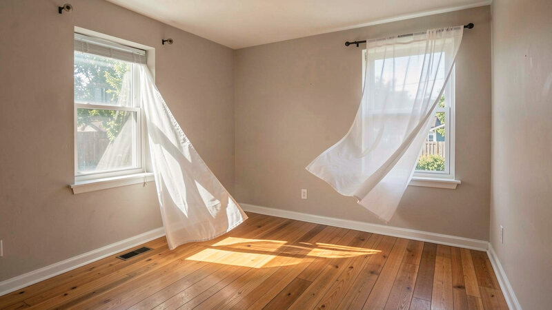 Two windows open on opposite walls of a small room, a light curtain lifting in the draught and daylight crossing the floor.
