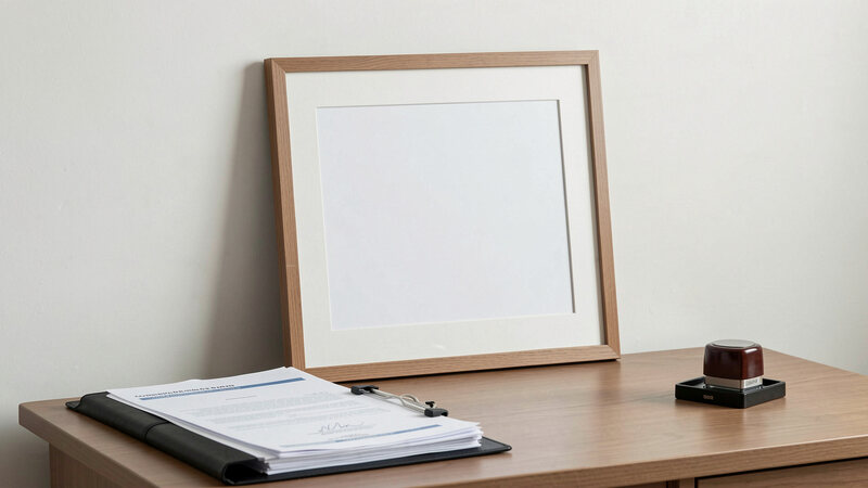 A blank framed certificate leaning against a wall on a desk, with a folder of documents and a stamp pad beside it.