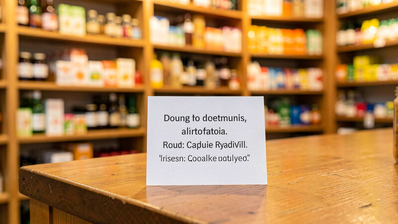 A small printed notice card held in front of a shop counter, with shelves of goods softly out of focus behind.