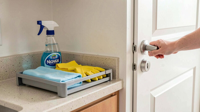 A cleaning caddy with a spray bottle, folded cloths and gloves on a counter, a hand wiping a door handle beside it.