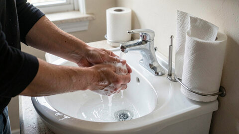 Hands being washed with soap under running water at a small sink