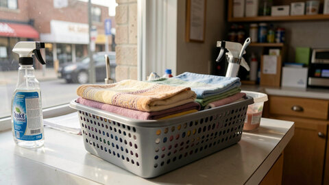 A cleaning caddy with cloths and a spray bottle on a counter in a small business