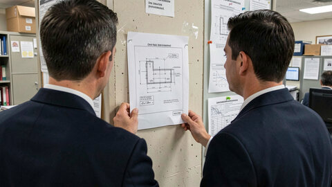 Two staff members looking at a printed one-page plan on a wall in a back office