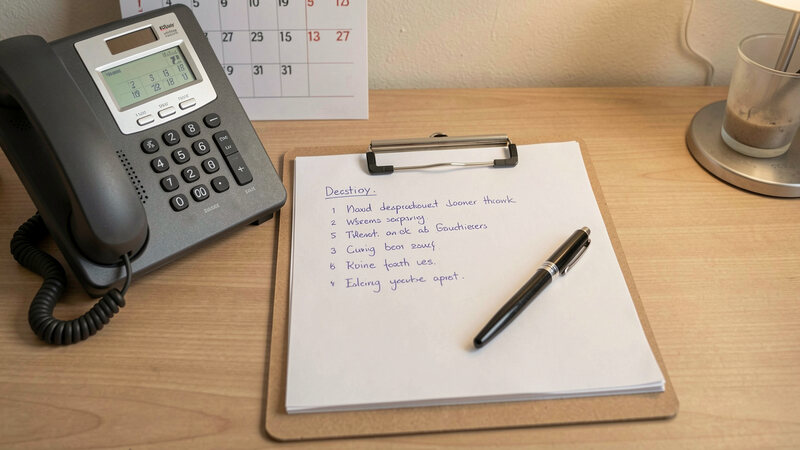 A clipboard with a short handwritten checklist and a pen on a desk beside a telephone and a wall calendar.